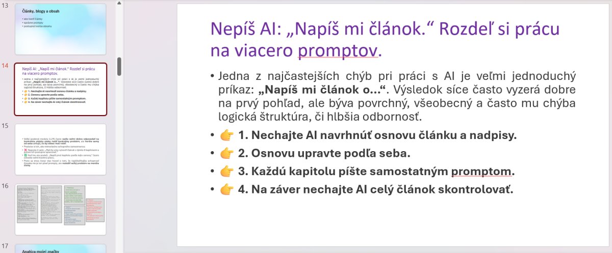 Slajd kurzu AI: návod na písanie promptov - 4 kroky na efektívnu komunikáciu s AI