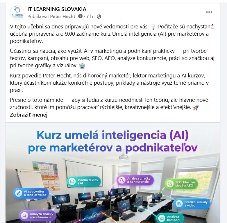 Učebňa kurzu Umelá inteligencia (AI) s počítačmi a infografikou tém: AI copywriter, tvorba textov, analýza konkurencie, SEO/AEO, grafika a video