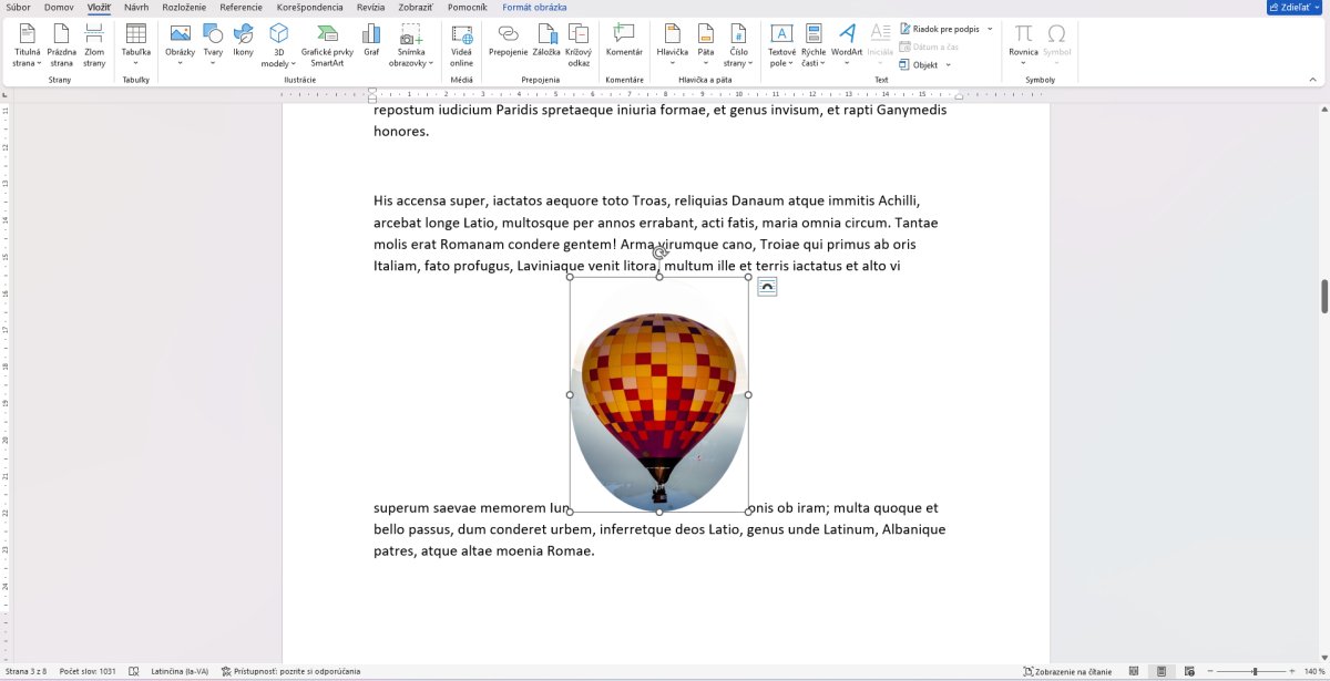Vkladanie obrázka do dokumentu Word s textom, horúci vzdušný balón