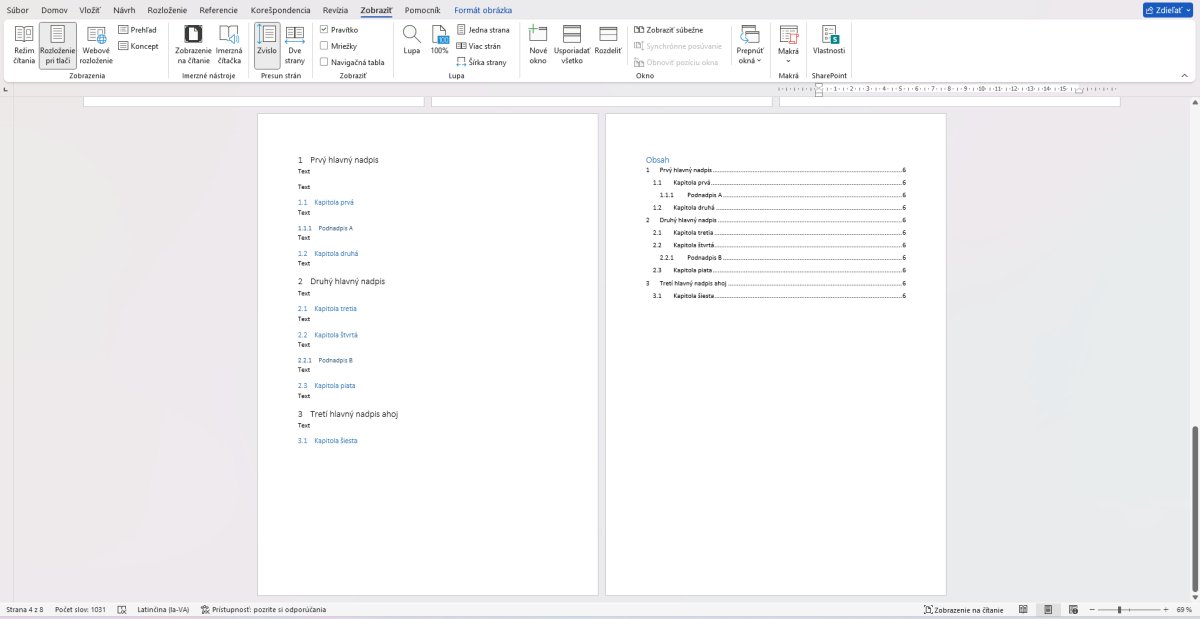Screenshot Microsoft Word s vytváraním obsahu dokumentu vrátane hierarchie kapitol a podkapitol