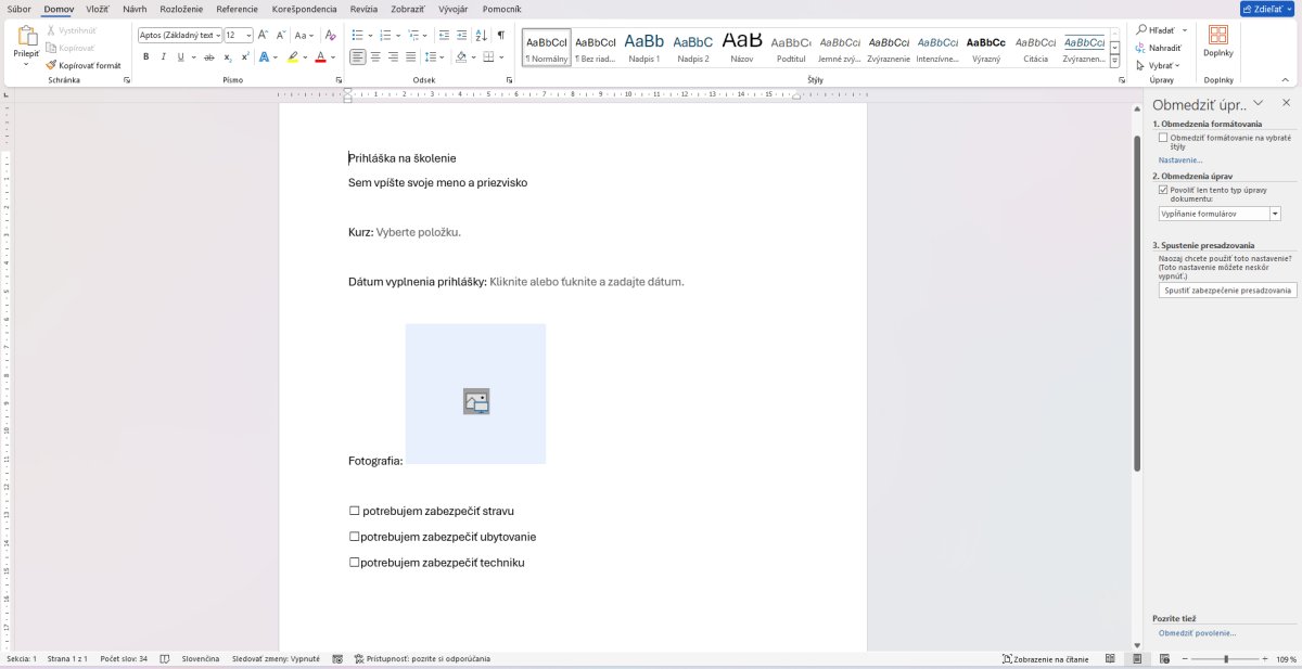 Príhlaska na školenie Word s formulárom, poľami a checkboxami