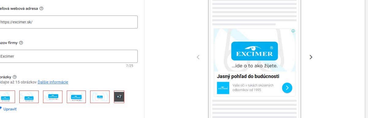Screenshot nastavenia kampane Google Ads s webovou adresou a logom firmy Excimer