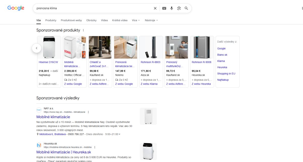 Google search results for portable air conditioners with sponsored products and ads