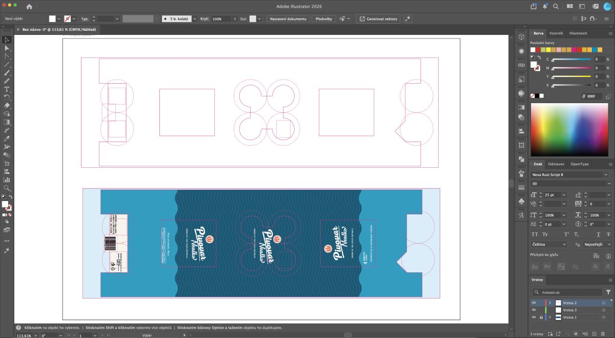 Návrh obalu balenia v Adobe Illustrator s geometrickými tvármi a modrým dizajnom
