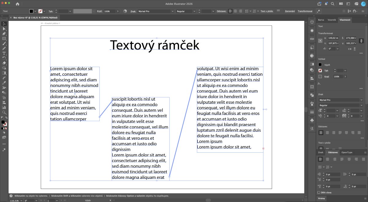 Textový rámček s Lorem ipsum textom a modrými linkami v Adobe Illustrator II.