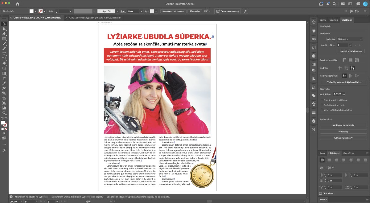Dizajn plagátu "Lyžiarke ubudla superka" v Adobe Illustrator s fotografiou, typografiou a textovými prvkami