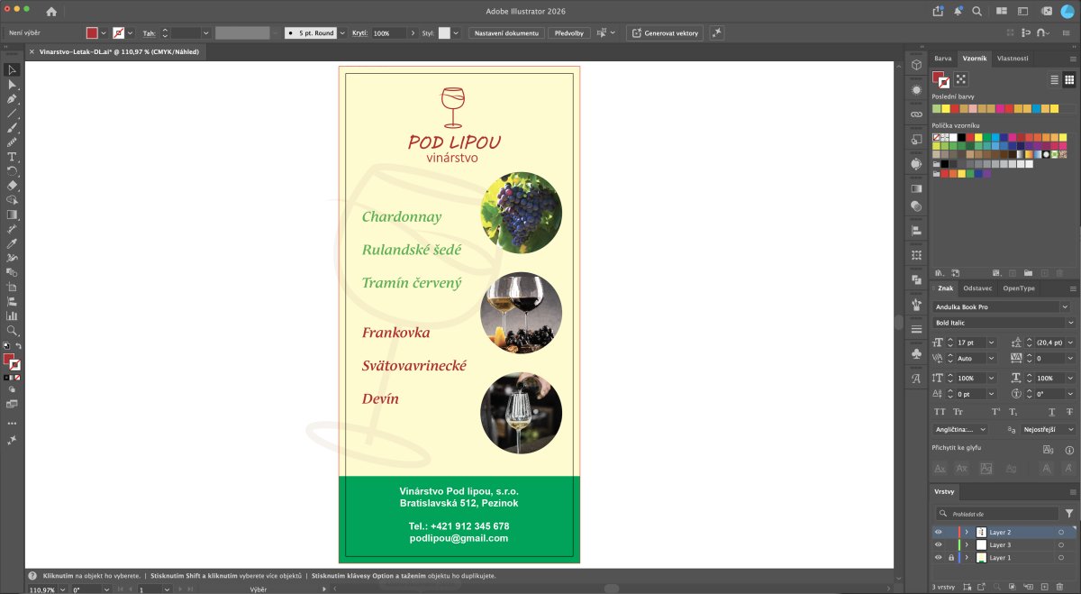Návrh letáku vinárstva Pod Lipou v Adobe Illustrator s typografiou a fotografiami vín