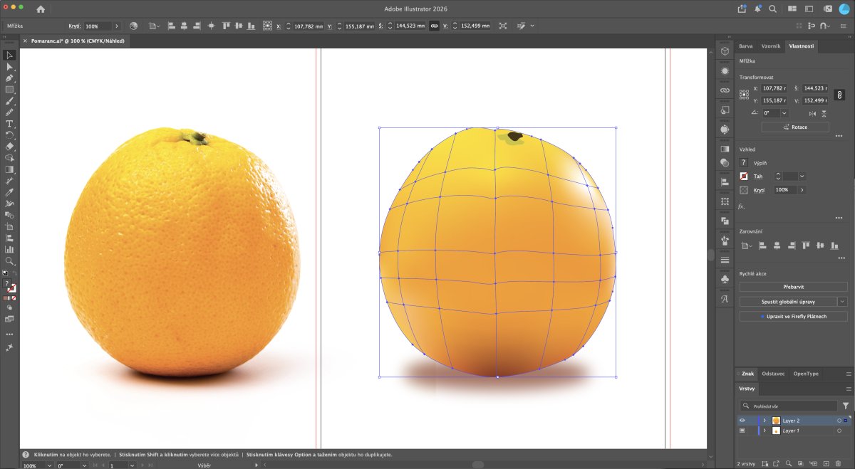 3D modelovanie pomaranča v Adobe Illustrator - porovnanie fotorealistickej textúry a vektorovej konštrukcie