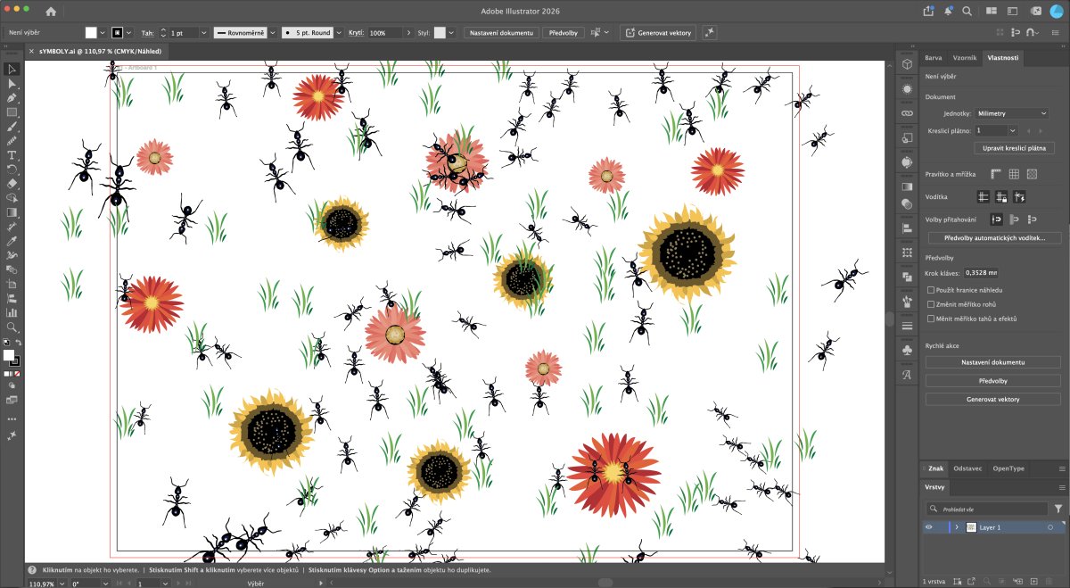 Kreslenie vektorovej ilustrácie s mravcami, kvetmi a trávou v Adobe Illustrator