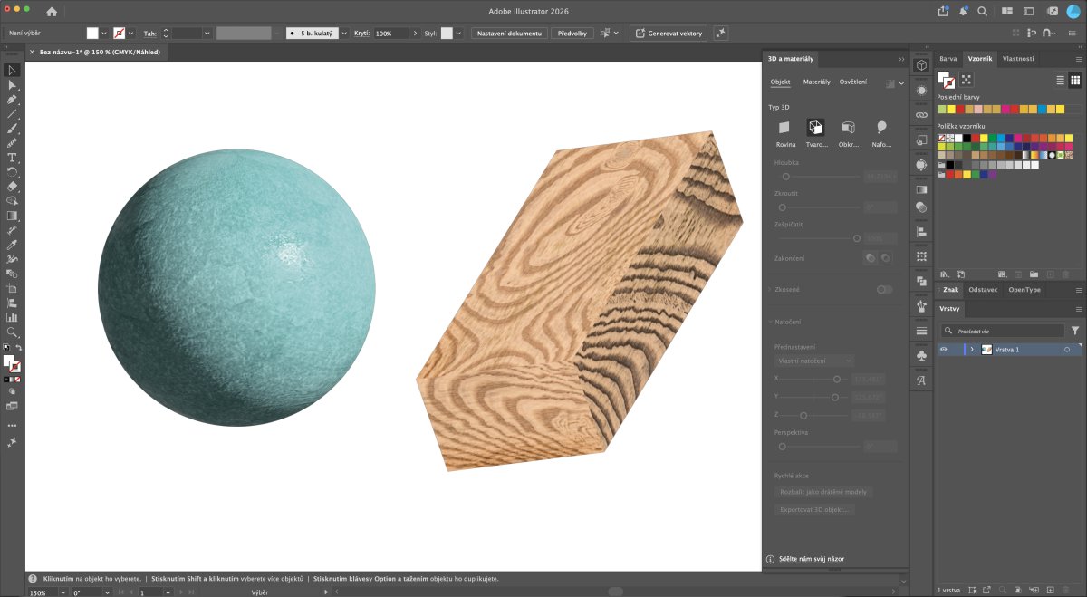 3D materiály v Illustrator - tyrkysová koule a drevená textúra