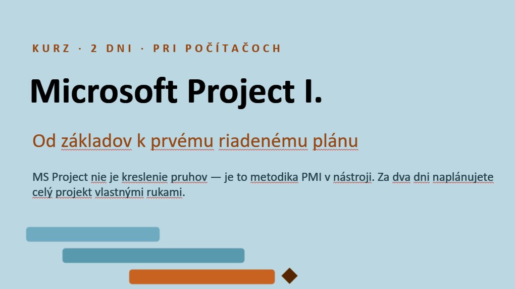 Titulná strana kurzu Microsoft Project I. s popisom metodiky PMI a časovej osi projektu