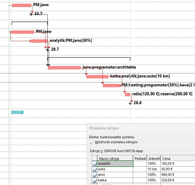 Gantt diagram v Microsoft Project s úlohami, termínmi a nákladmi projektu