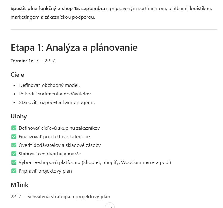 Etapa 1 Analýza a plánovanie e-shop kurzu - ciele, úlohy a míľnik projektu