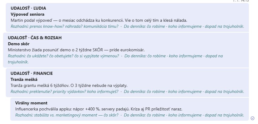 Slajd kurzu Microsoft Project s príkladmi udalostí: odpovede na otázky projektu, demo SKÔR, výdavky a krízové momenty