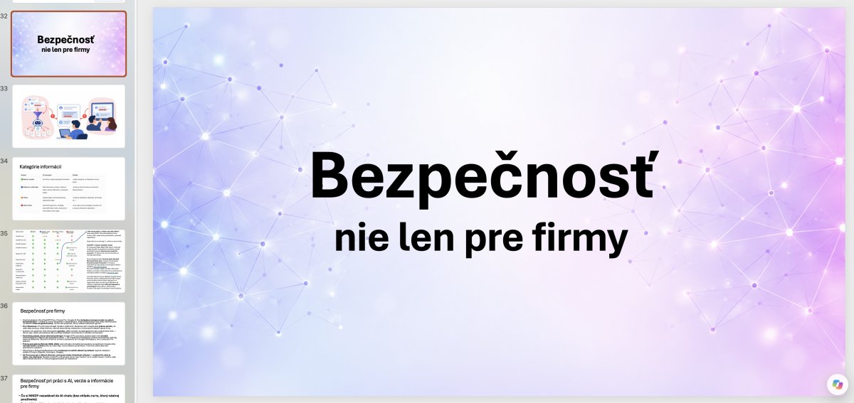 Titulná strana prezentácie "Bezpečnosť nie len pre firmy" s sieťovým grafickým pozadím, kurz AI vo firme