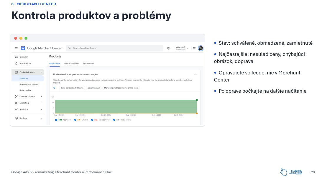 Screenshot Google Merchant Center - graf stavu produktov s filtrami na kontrolu problémov a chýb