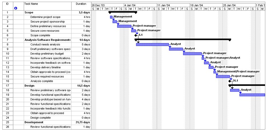 Ganttov diagram projektového plánu v Microsoft Project s úlohami, termínami a priradením tímových rolí