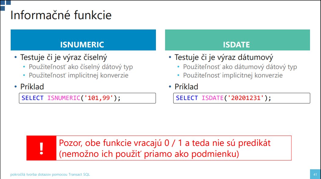 Slajd o informačných funkciách ISNUMERIC a ISDATE v SQL s príkladmi kódu