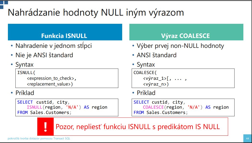 Slajd o funkcii ISNULL a výraze COALESCE na nahradzanie NULL hodnôt v SQL dotazoch s príkladmi kódu