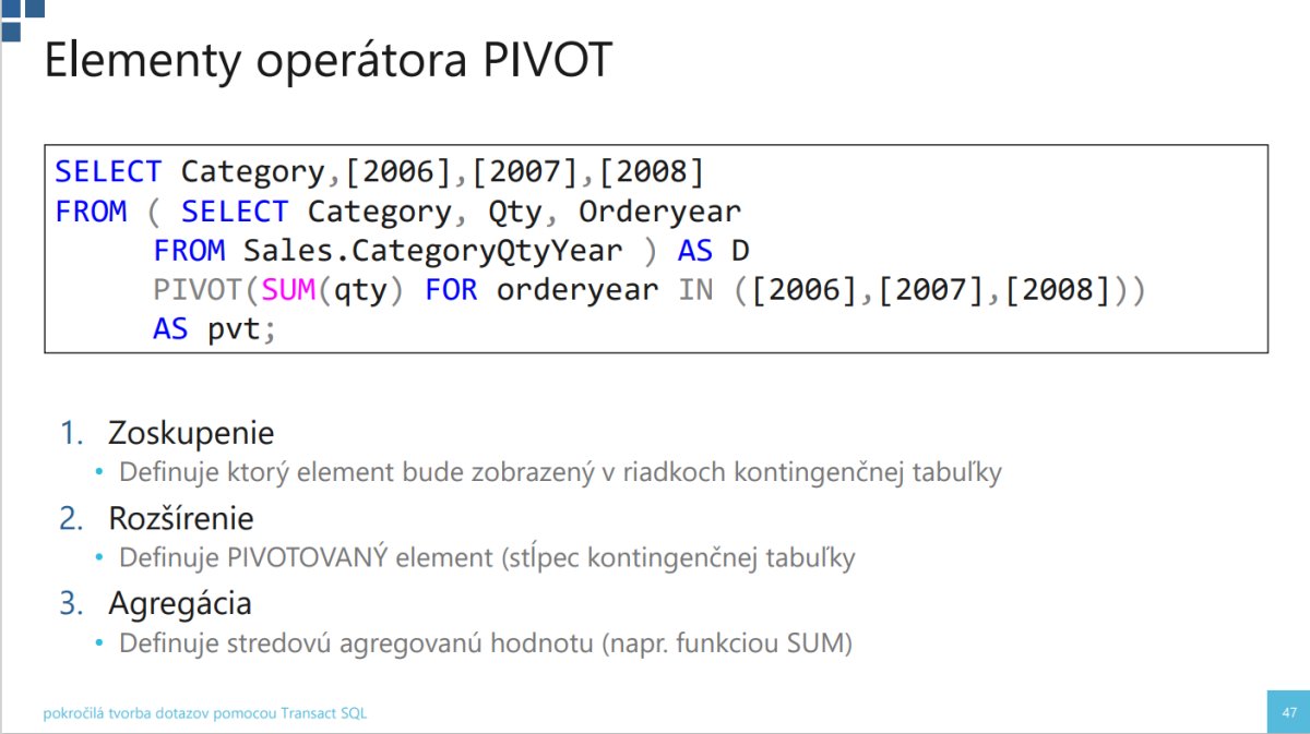 Slajd s príkladom SQL kódu PIVOT operátora a jeho tromi základnými prvkami - zoskupenie, rozšírenie a agregácia dát