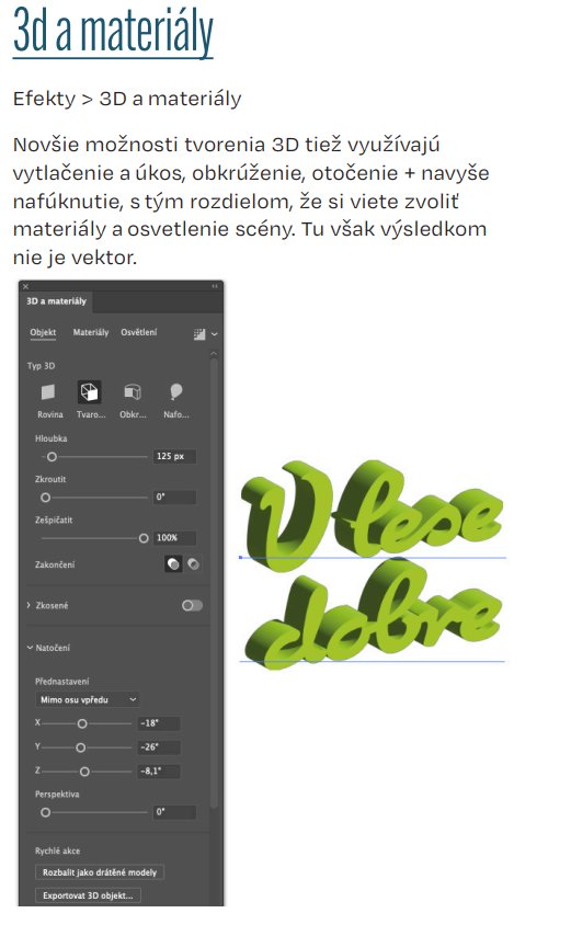 Panel nástrojov 3D a materiály v Adobe Illustrator III s náhľadom zelených 3D textov s materiálmi a osvetlením