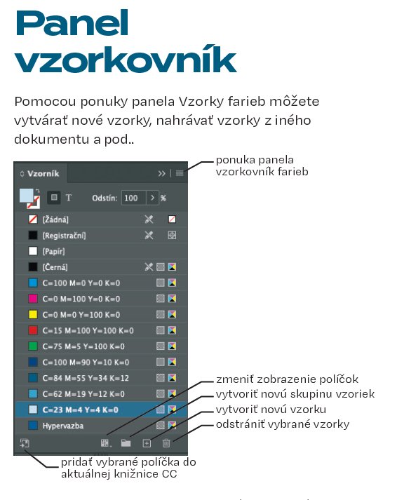 Panel vzorkovník v Adobe InDesign s farbami a možnosťami vytvárania vzoriek