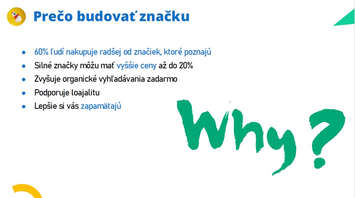 Slajd s názvom "Prečo budovať značku" a zoznamom výhod budovania značky vrátane vplyvu na nákupné rozhodnutia a organického vyhadávania.