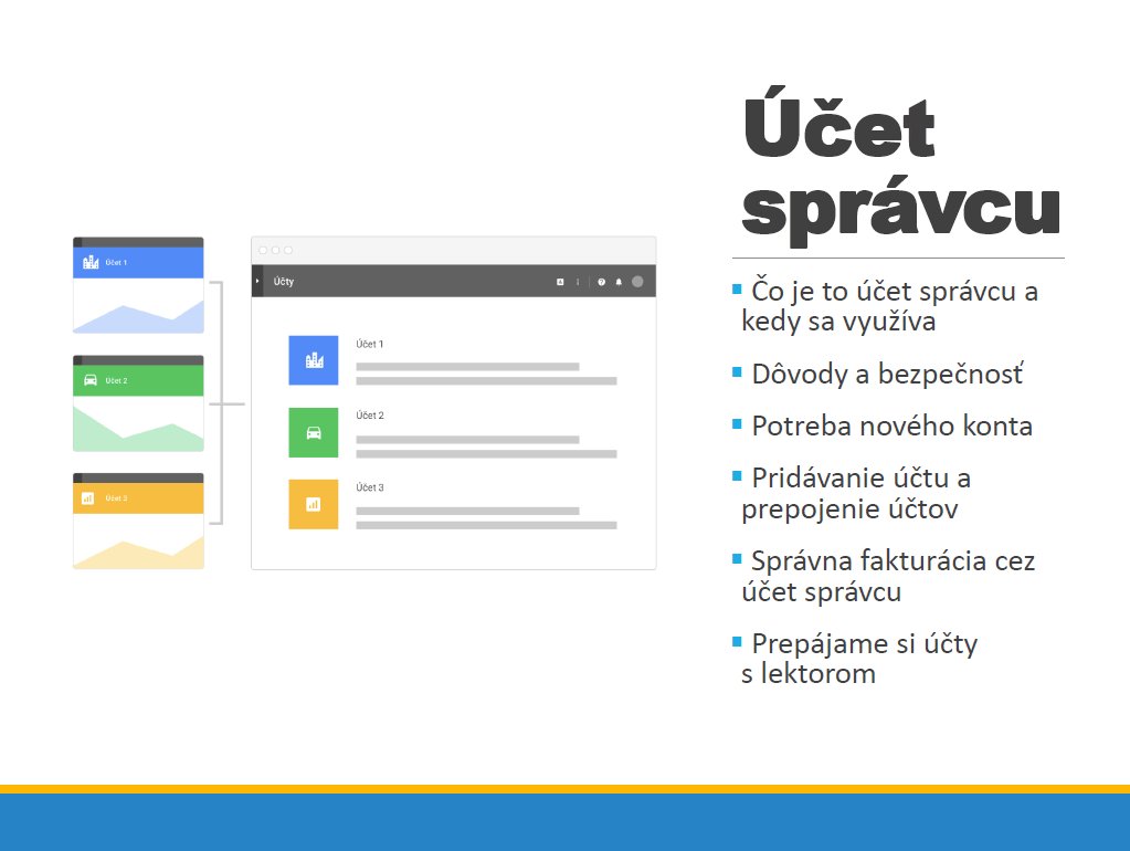 Slajd s názvom "Účet správcu" zobrazujúci rozhranie Google Ads s tromi účtami a zoznamom funkcií
