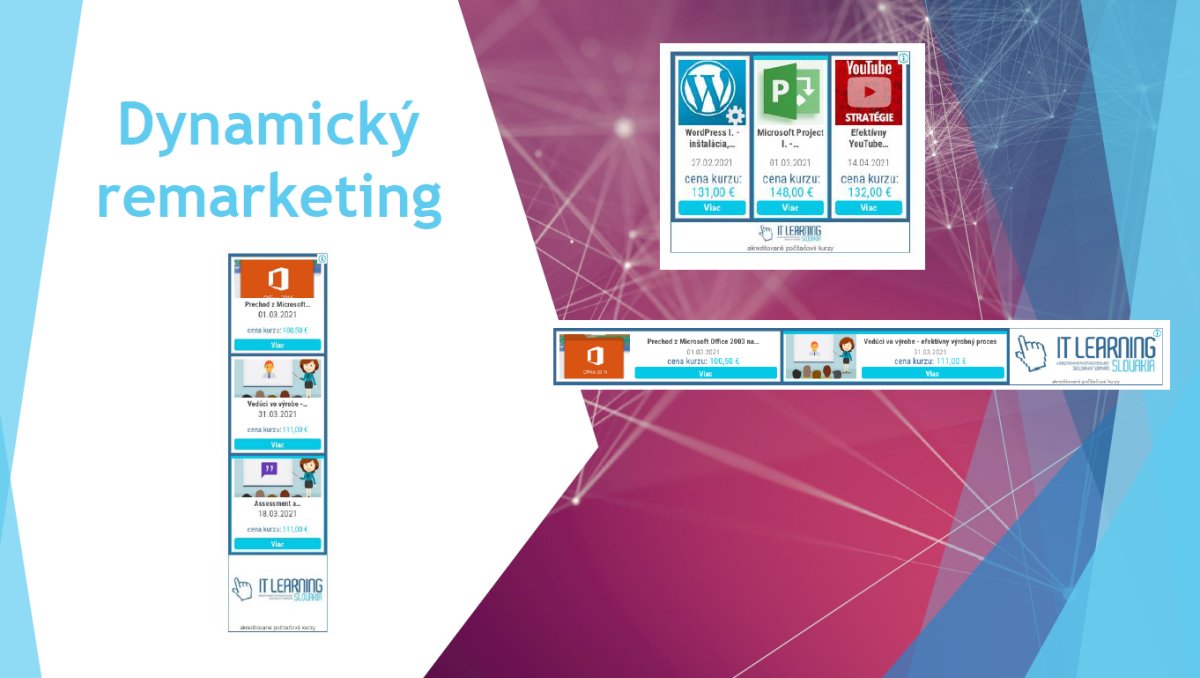 Dynamický remarketing - nabídka kurzů WordPress, Microsoft Project a YouTube strategie s cenami