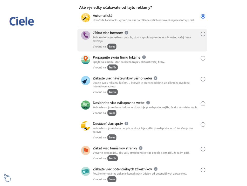 Ciele platenia reklám na Facebooku a Instagramu s výberom cieľa kampane