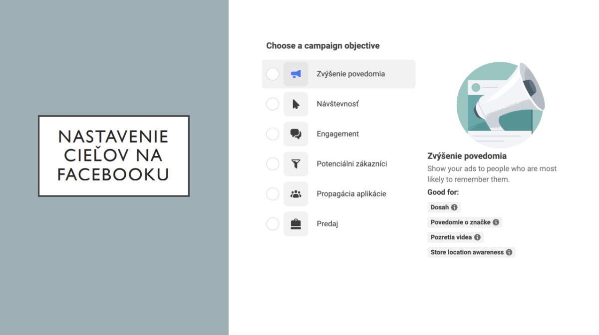 Výber cieľov kampane na Facebooku - zvýšenie povedomia, návštevnosť, engagement, potencionálni zákazníci, propagácia a predaj
