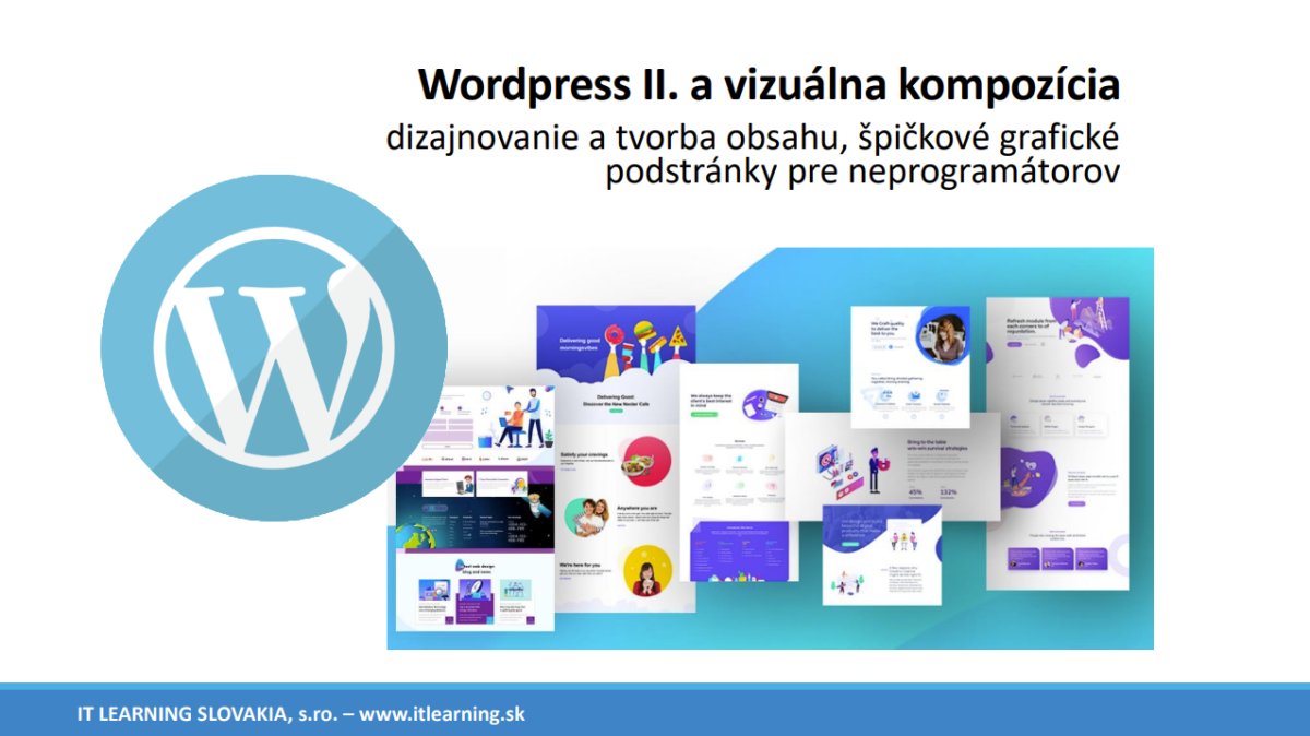 WordPress II. vizuálna kompozícia – logo WordPress a ukážky webových šablón s grafickým dizajnom