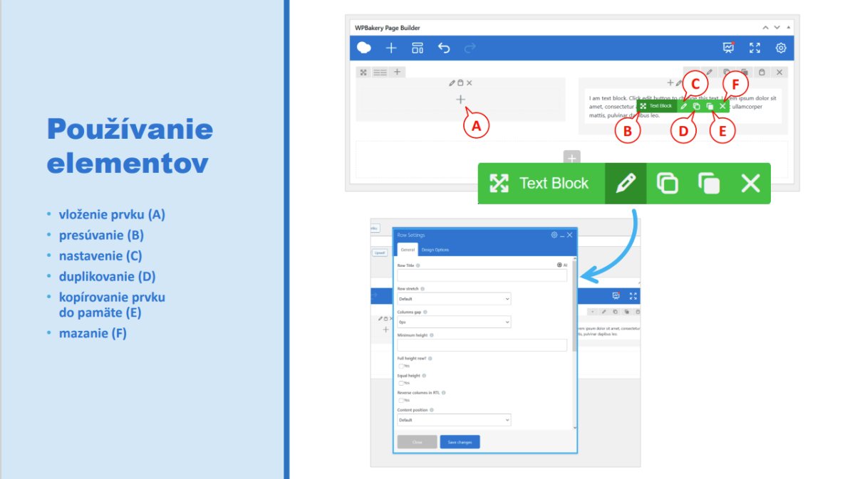 WPBakery Page Builder rozhranie s Text Block prvkom a nastavením designu prvkov - WordPress II kurz