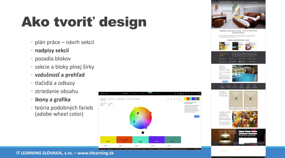 Slajd kurzu WordPress II s bodmi tvorby designu: plán prác, nadpisy sekcií, pozadia, ikony, farby a Adobe Color wheel