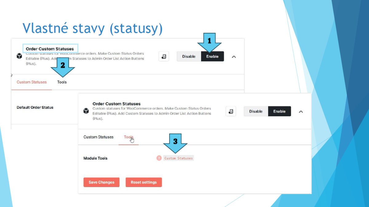 Slajd výučby konfigurácie vlastných stavov objednávok v WooCommerce s krokami pre aktiváciu modulu