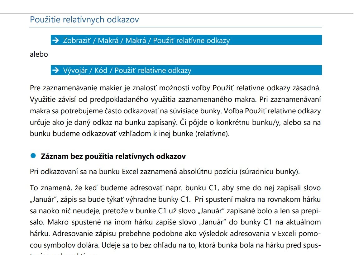 Slajd s návodom na použitie relatívnych odkazov v Excel makrách VBA