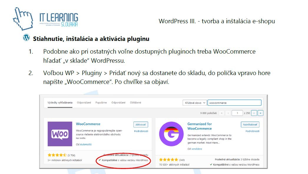 Screenshot WordPress pluginov s WooCommerce a kompatibilitou verzií pre e-shop