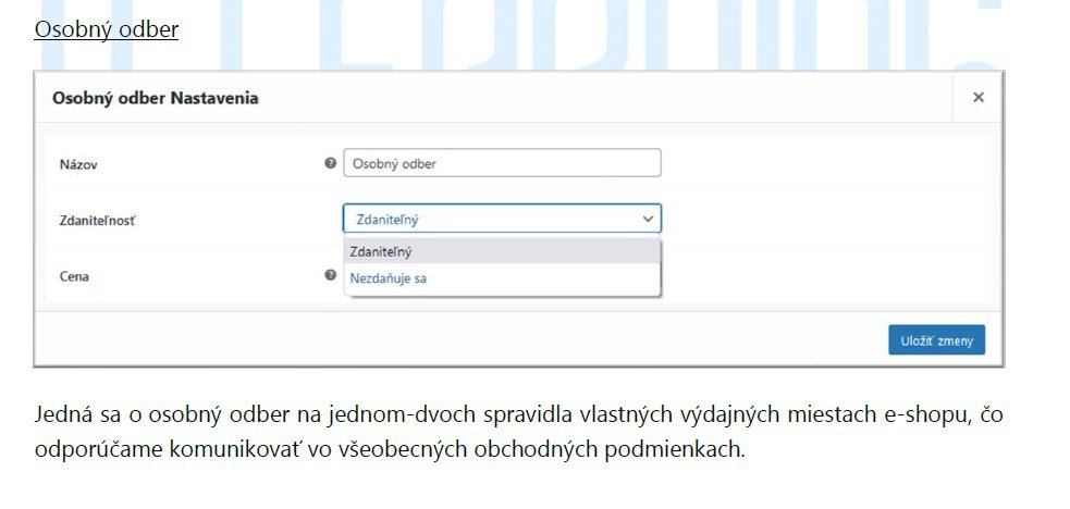Formulár na tvorbu osobného odberu s poľami Názov, Zdaniteľnosť a Cena v e-shope