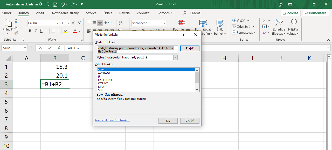 okno s funkciami v Exceli