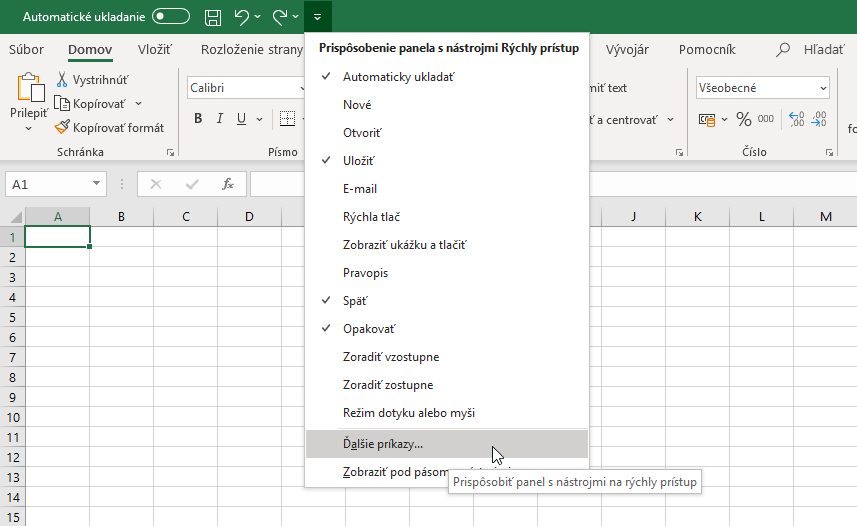 Excel - panel Rýchle menu, nastavenie
