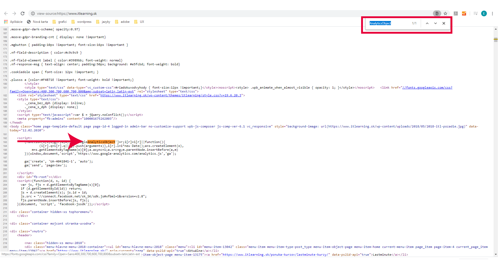 Zdrojový kód www stránky s meracím scriptom Google Analytics