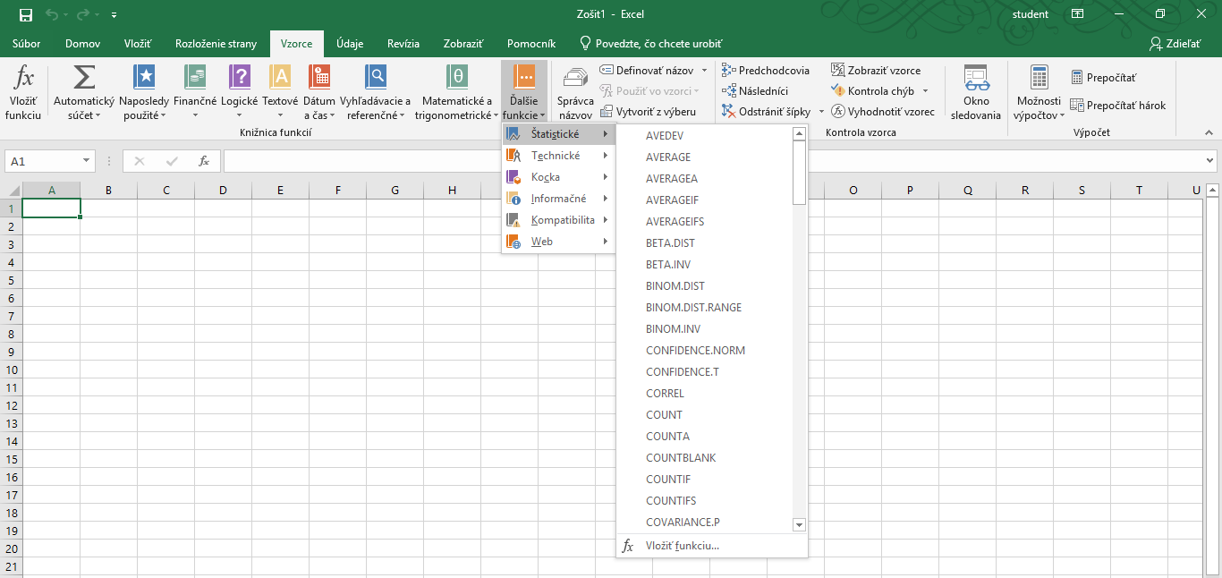 štatistika v Exceli - kurz - začiatok prehľadu štatistických funkcií v knižnici funkcií v Exceli