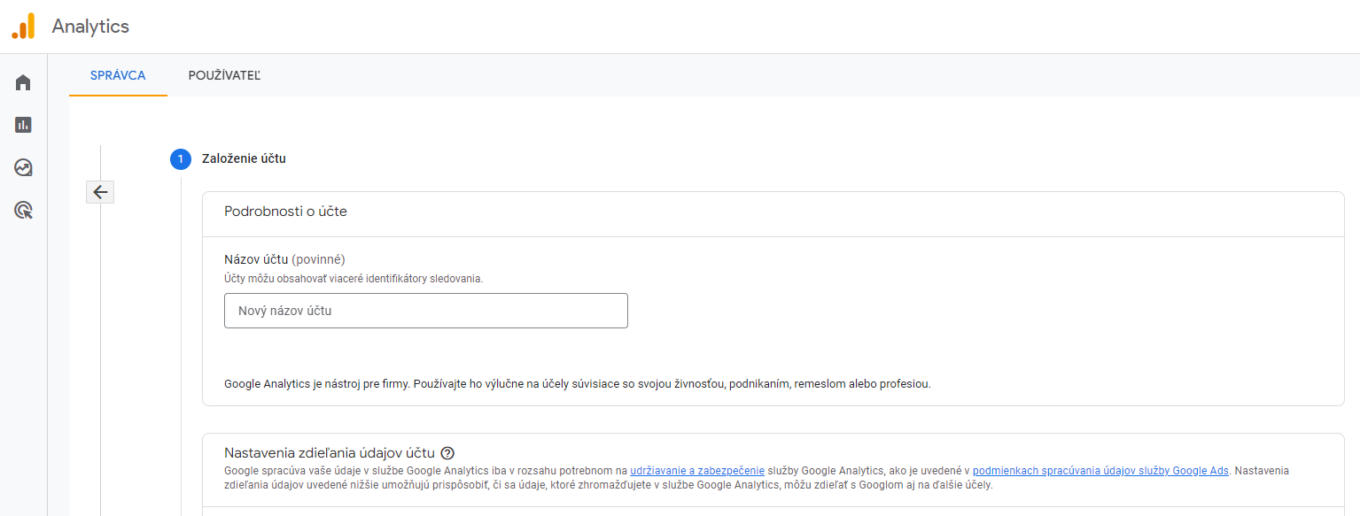 založenie účtu v Google Analytics - obrazovka
