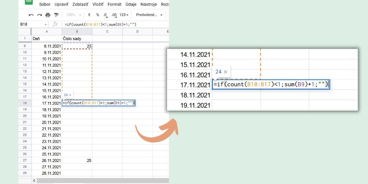 Kalendár v Sheets s príkladom zloženej funkcie