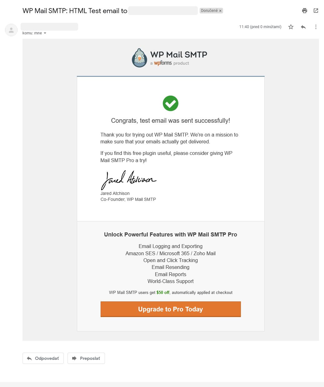 prijatý testovací e-mail cez WP mail SMTP