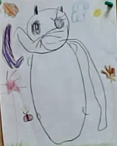 na obrázku je mačka, ktorú kreslilo malé dieťa, vedľa nej sú kvety, slnko a oblak