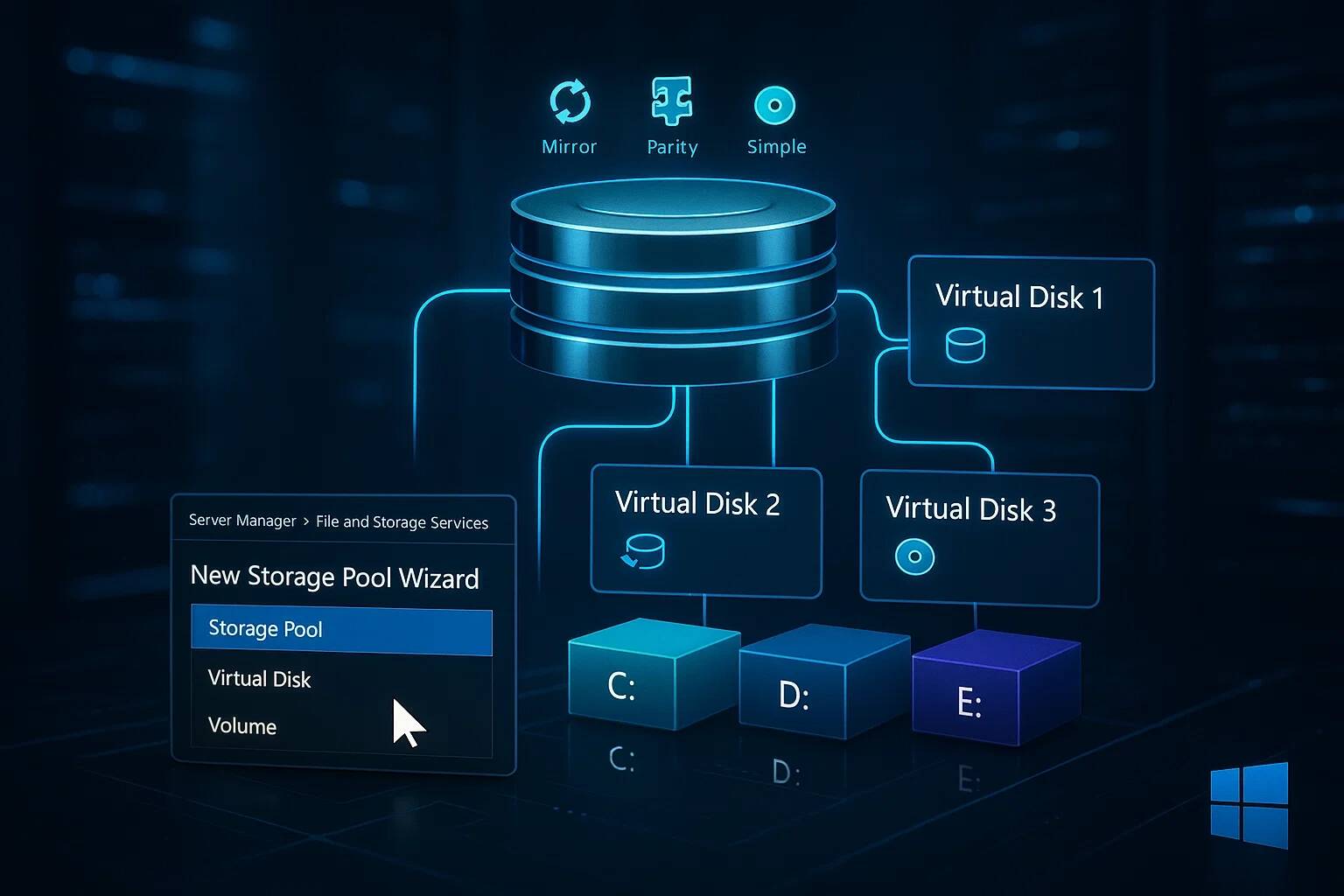 Storage Spaces: Vytvorenie Storage Poolu, Virtual Diskov a Volume vo Windows Serveri