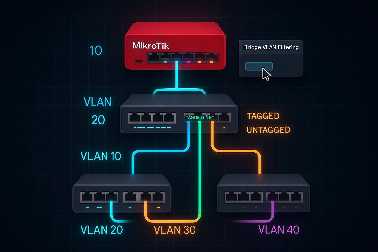 MikroTik – Nastavenie VLAN v komplexnejšej infraštruktúre