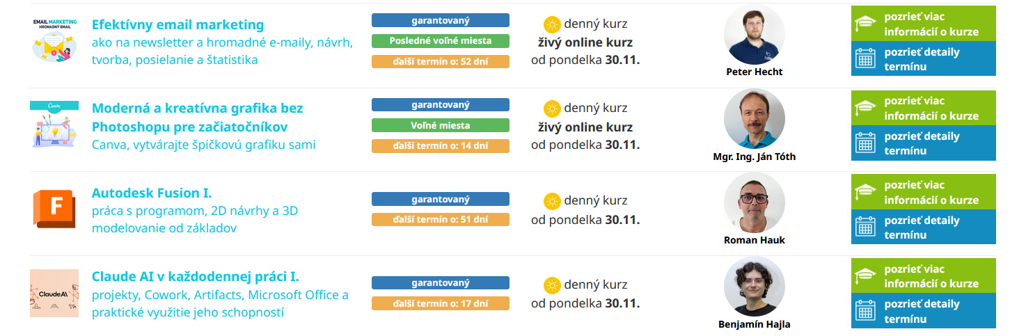 prehlad-kurzov prehľad denných, večerných, víkendových a online kurzov IT Learning na podstránke Termíny kurzov